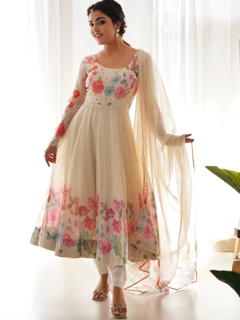 Organza Floral Printed Gown With Dupatta Set