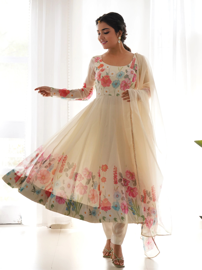 Organza Floral Printed Gown With Dupatta Set