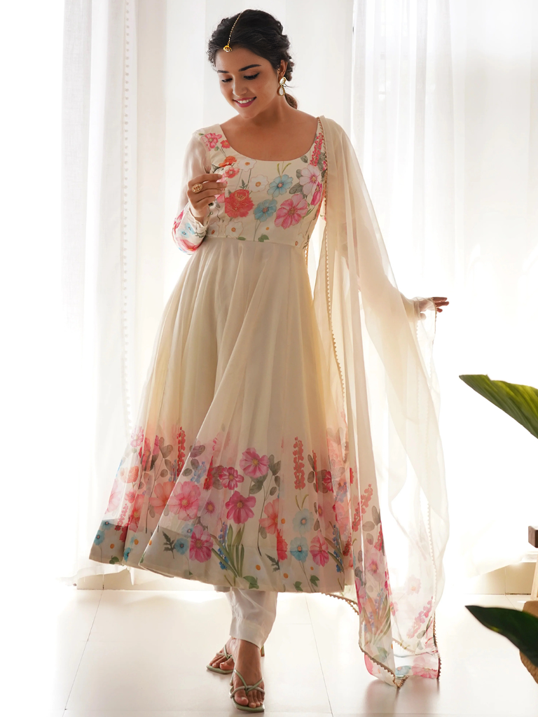 Organza Floral Printed Gown With Dupatta Set