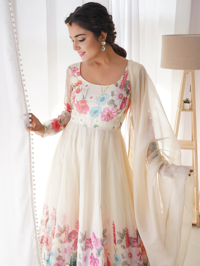 Organza Floral Printed Gown With Dupatta Set