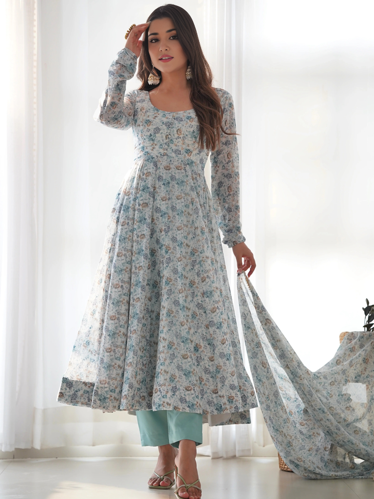 Organza Floral Printed Gown With Dupatta Set