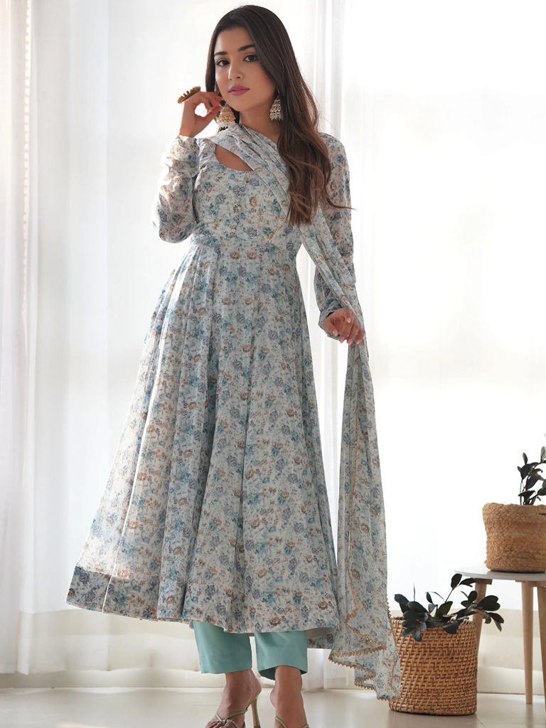 Organza Floral Printed Gown With Dupatta Set