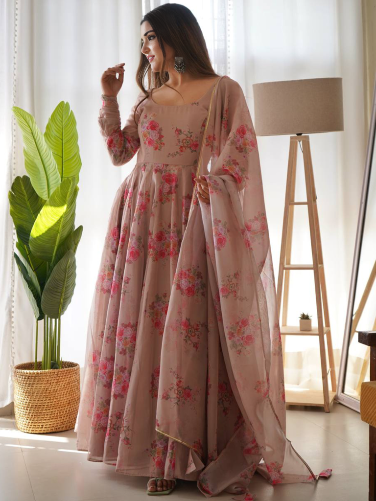 Organza Floral Printed Gown With Dupatta Set