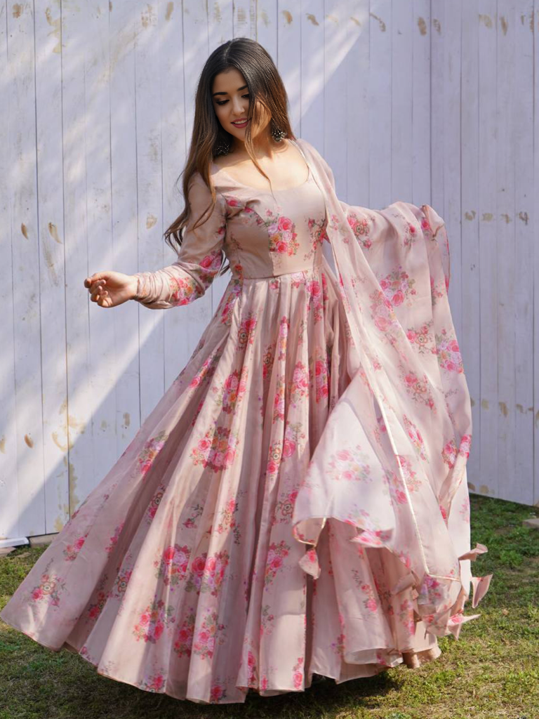 Organza Floral Printed Gown With Dupatta Set