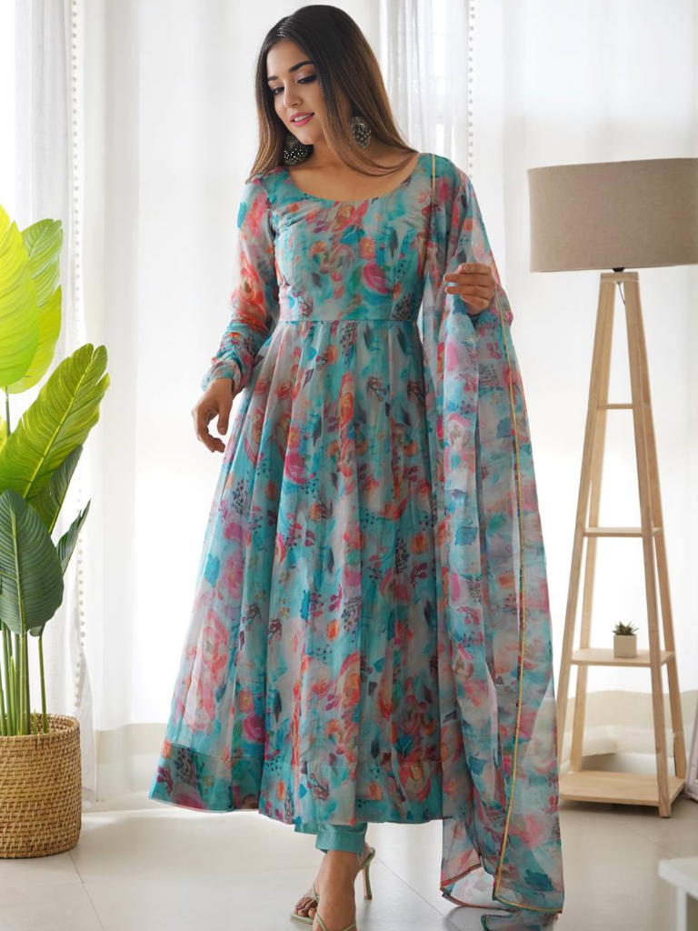 Organza Floral Printed Gown With Dupatta Set