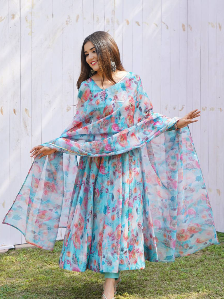 Organza Floral Printed Gown With Dupatta Set